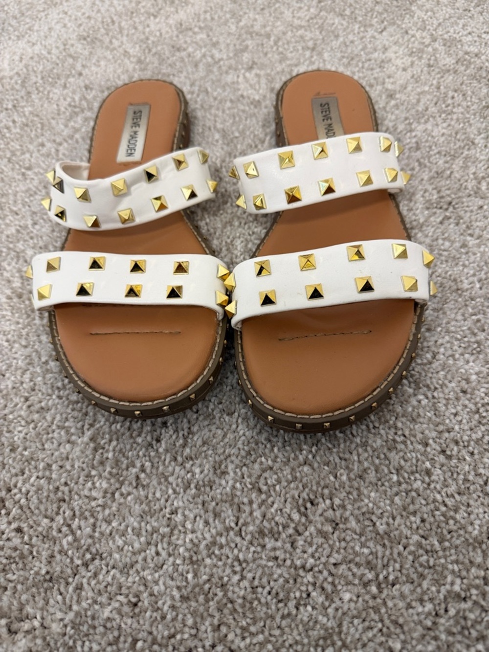 Steve Madden White Double-strap Studded Slide Sandals with Gold Accents